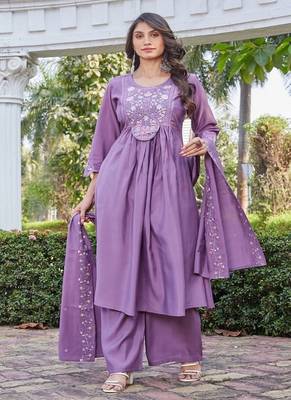purple party wear embroidered silk kurta pant set 2