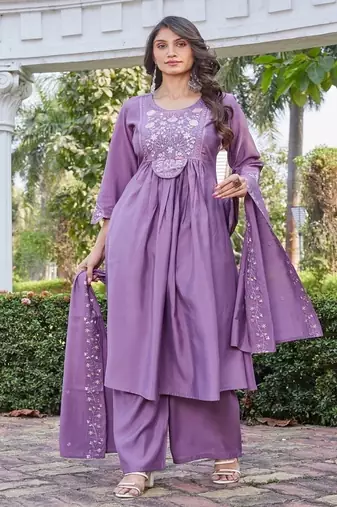 purple party wear embroidered silk kurta pant set