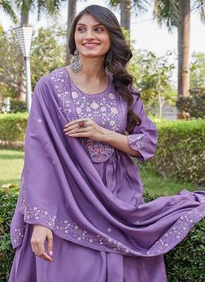 purple party wear embroidered silk kurta pant set 3