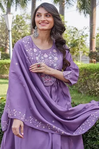 purple party wear embroidered silk kurta pant set