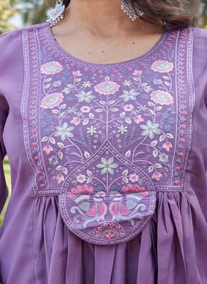 purple party wear embroidered silk kurta pant set 4