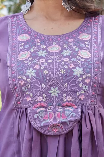 purple party wear embroidered silk kurta pant set