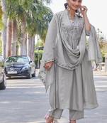 grey embroidered silk party wear kurta pant set