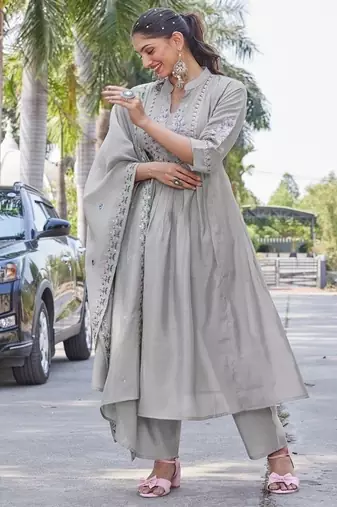 grey embroidered silk party wear kurta pant set