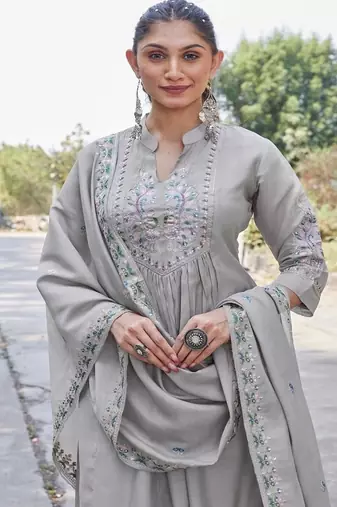 grey embroidered silk party wear kurta pant set