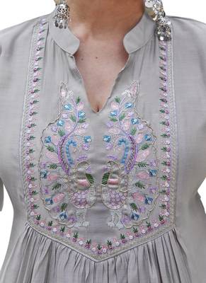 grey embroidered silk party wear kurta pant set 4