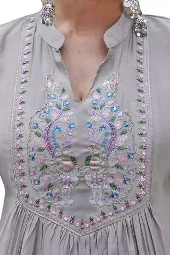 grey embroidered silk party wear kurta pant set