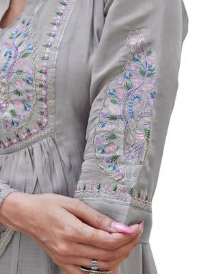 grey embroidered silk party wear kurta pant set 5