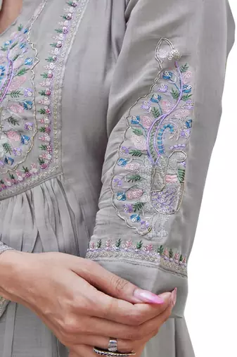 grey embroidered silk party wear kurta pant set