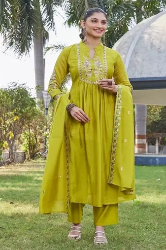 Olive embroidered kurta pant set with silk dupatta party wear