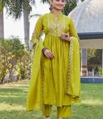 olive embroidered silk party wear kurta pant set