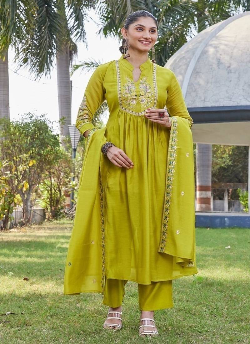 Olive embroidered kurta pant set with silk dupatta party wear