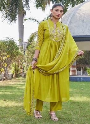 olive embroidered silk party wear kurta pant set 2