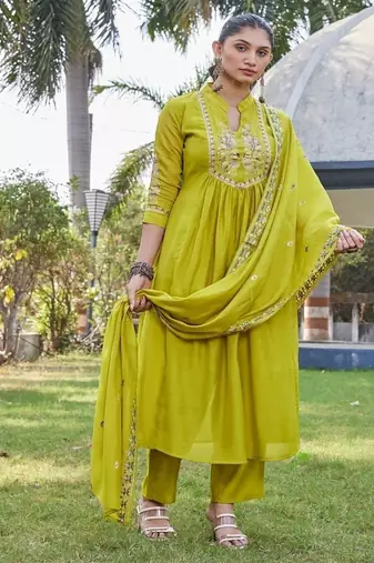 olive embroidered silk party wear kurta pant set