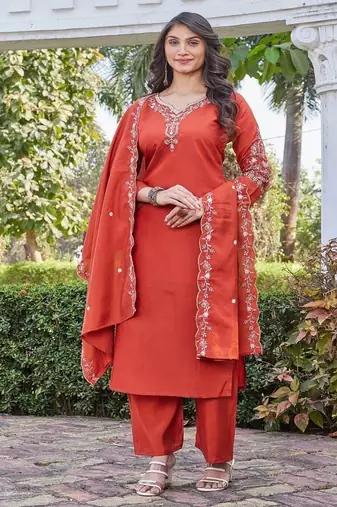 Rust embroidered kurta pant set with silk dupatta party wear