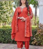 rust embroidered silk kurta pant set for women