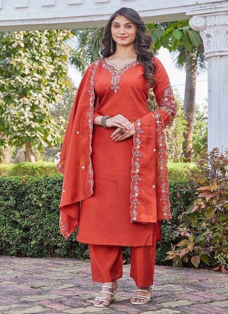 Rust embroidered kurta pant set with silk dupatta party wear