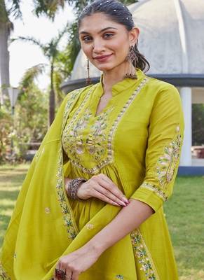 olive embroidered silk party wear kurta pant set 3