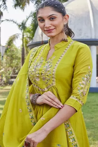 olive embroidered silk party wear kurta pant set
