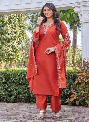 rust embroidered silk kurta pant set for women 2