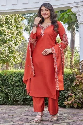 rust embroidered silk kurta pant set for women