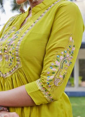olive embroidered silk party wear kurta pant set 4