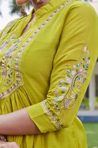 olive embroidered silk party wear kurta pant set