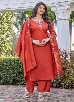 rust embroidered silk kurta pant set for women 3