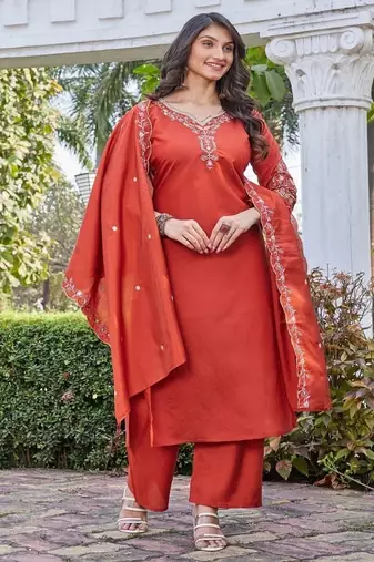 rust embroidered silk kurta pant set for women
