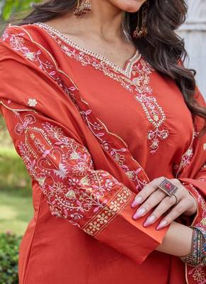 rust embroidered silk kurta pant set for women 4
