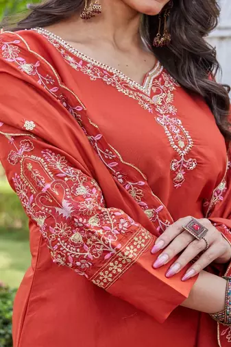rust embroidered silk kurta pant set for women