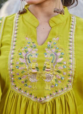 olive embroidered silk party wear kurta pant set 5