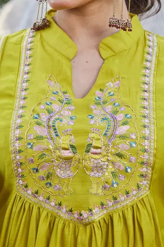 olive embroidered silk party wear kurta pant set