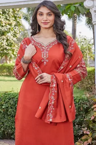 rust embroidered silk kurta pant set for women