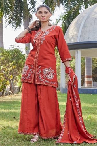 Rust embroidered kurta plazzo set with silk dupatta party wear
