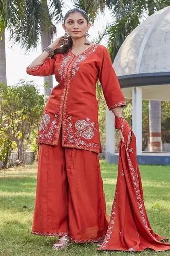 Rust embroidered kurta plazzo set with silk dupatta party wear