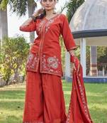 rust embroidered silk party wear kurta palazzo set for women