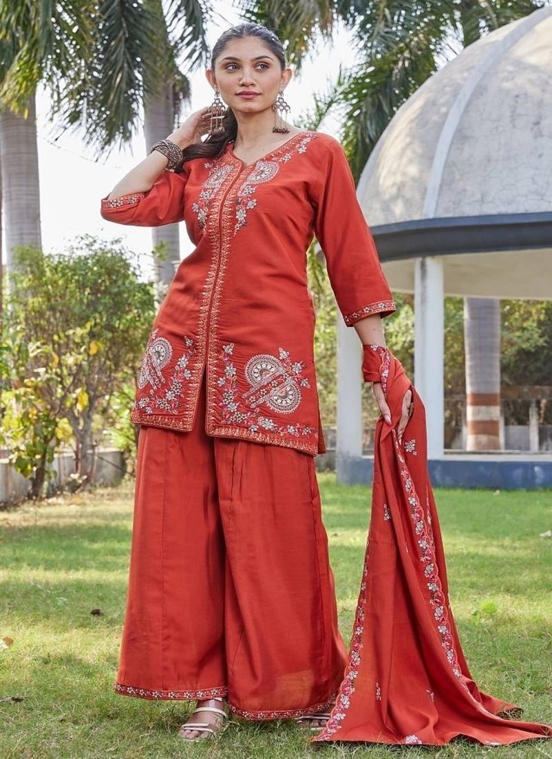 Rust embroidered kurta plazzo set with silk dupatta party wear