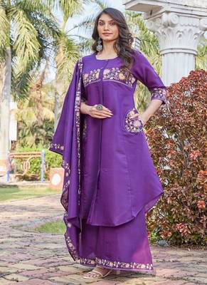 purple embroidered silk kurta palazzo set for women 1