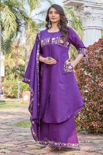 Purple embroidered kurta plazzo set with silk dupatta party wear