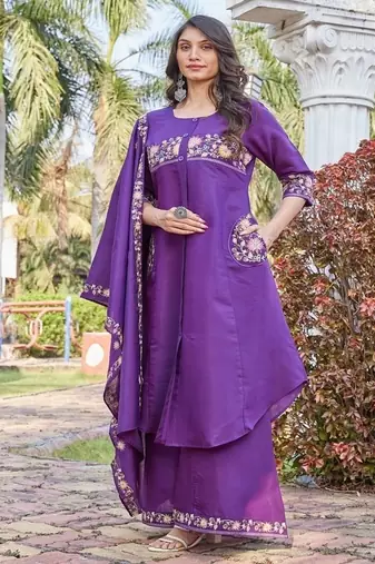 Purple embroidered kurta plazzo set with silk dupatta party wear