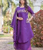 purple embroidered silk kurta palazzo set for women	