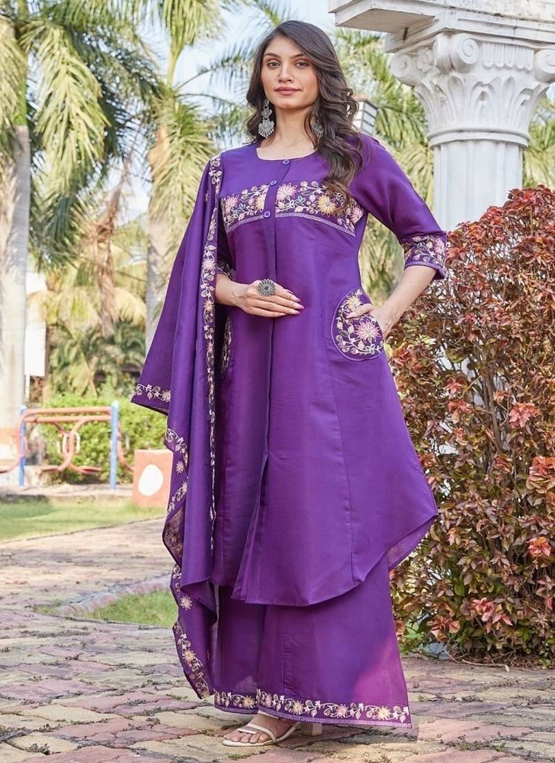 Purple embroidered kurta plazzo set with silk dupatta party wear