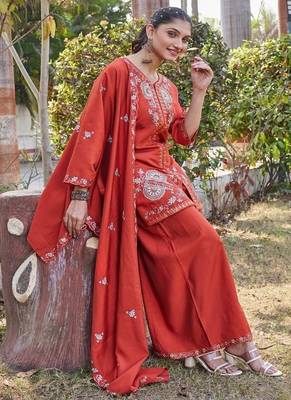 rust embroidered silk party wear kurta palazzo set for women 2
