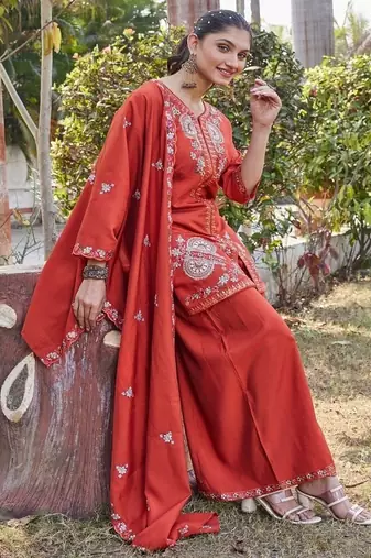 rust embroidered silk party wear kurta palazzo set for women