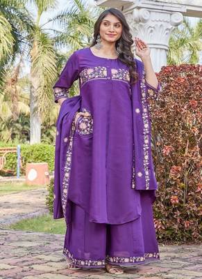 purple embroidered silk kurta palazzo set for women 2
