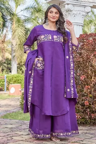 purple embroidered silk kurta palazzo set for women	