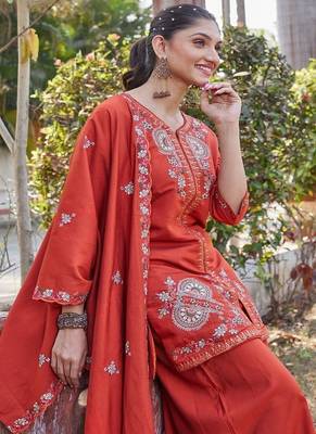 rust embroidered silk party wear kurta palazzo set for women 3