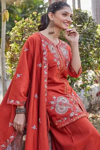 rust embroidered silk party wear kurta palazzo set for women