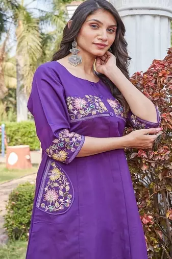 purple embroidered silk kurta palazzo set for women	